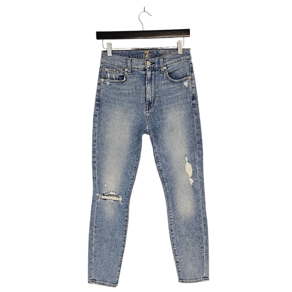 7 For All Mankind The High‎ Waist Ankle Distressed Skinny Blue Jeans 27 Preowned